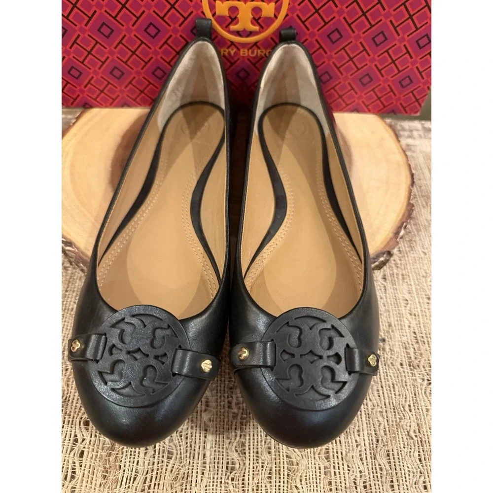 Tory Burch Women's Mini Miller Logo Matte Black Leather Flats Size US 8M